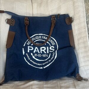 Vintage Blue and Brown Canvas large Tote Bag